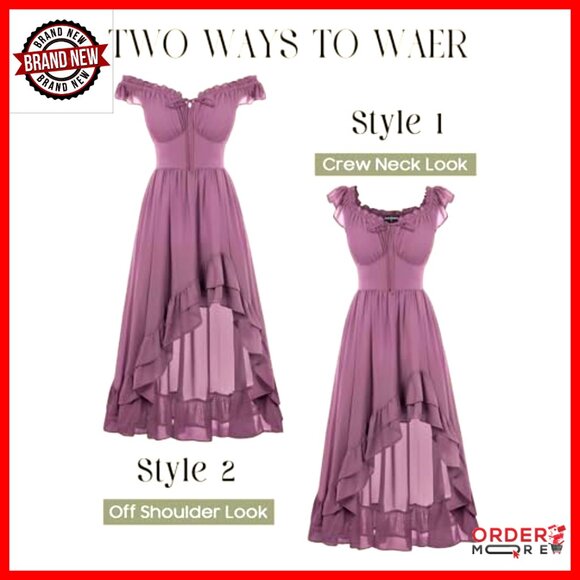 Flowy Chiffon Corset Dress Off Shoulder High Low Hem Renaissance Style - Picture 6 of 7